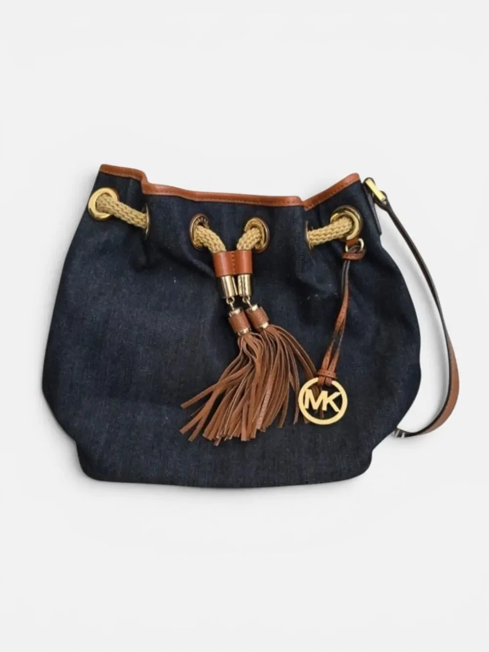 Michael Kors Blue Denim Designer Hobo Handbag With Brown Leather Tassels